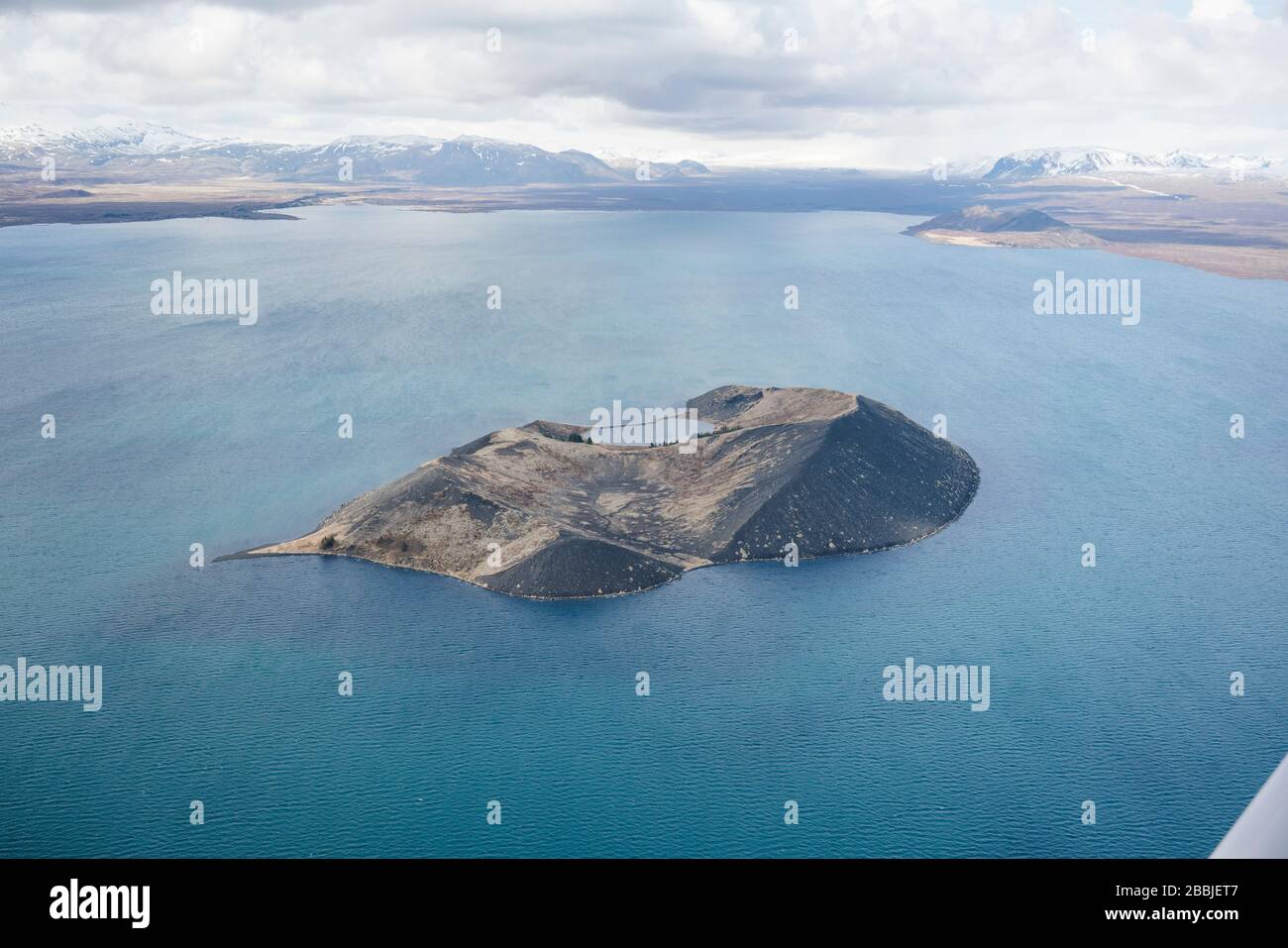 Aerial view Sandey island in Pingvallavatn lake in Thingvellir N Stock Photo