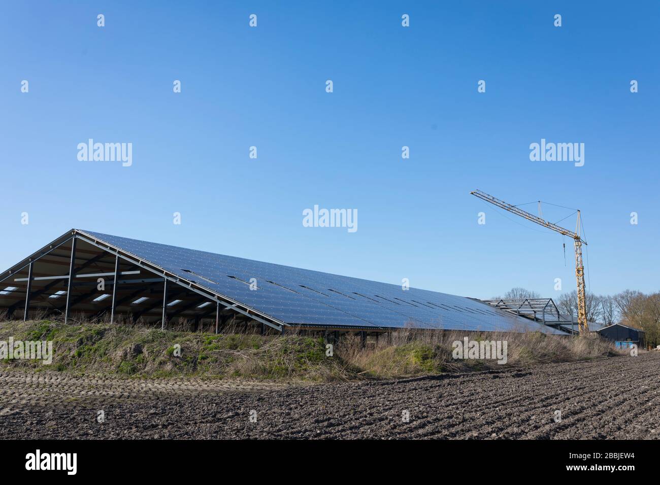 Building of a new farm with sustainable solar pv panels in the Netherlands Stock Photo