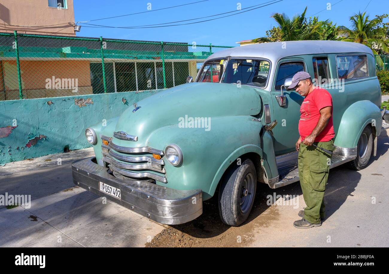 Old Chevrolet windowed panel truck, Mirimar, Havana, Cuba Stock Photo