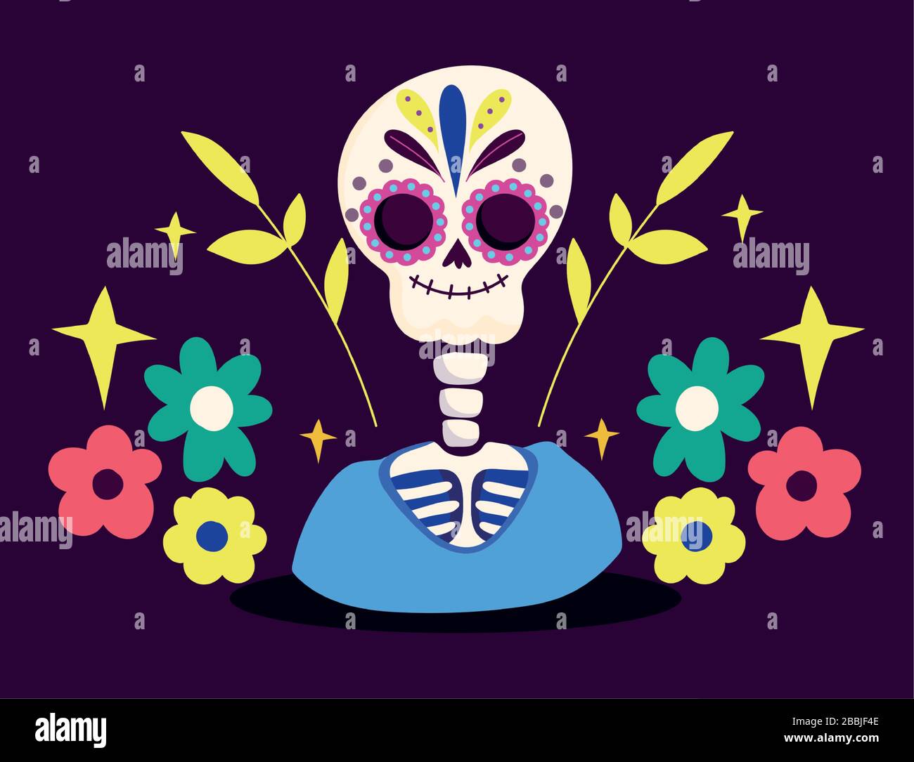 day of the dead, skeleton with clothes and flowers decoration