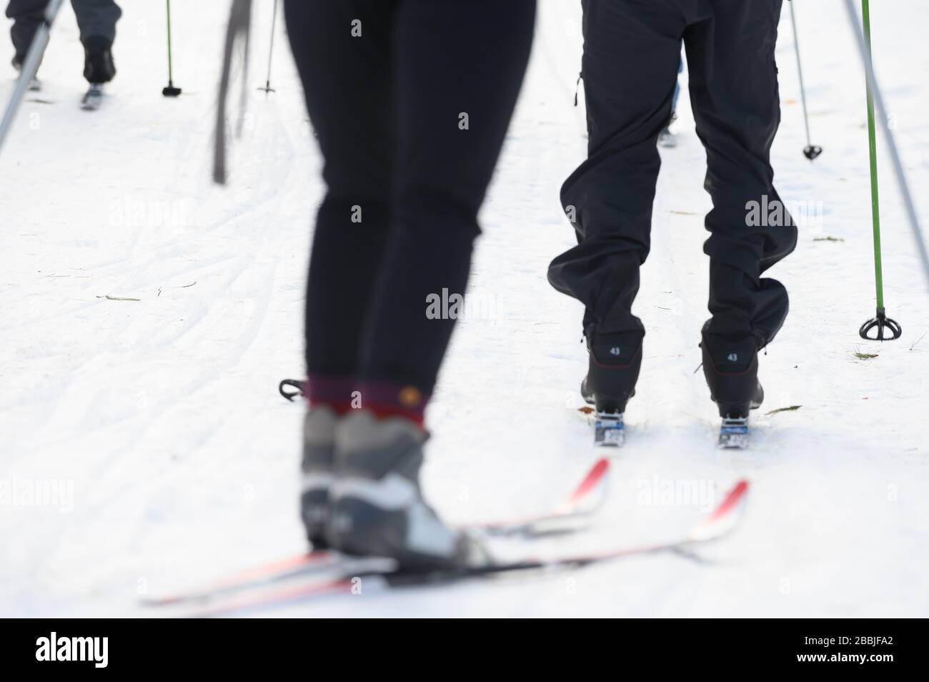 Three skiers heading out to ski at a nordic center Stock Photo
