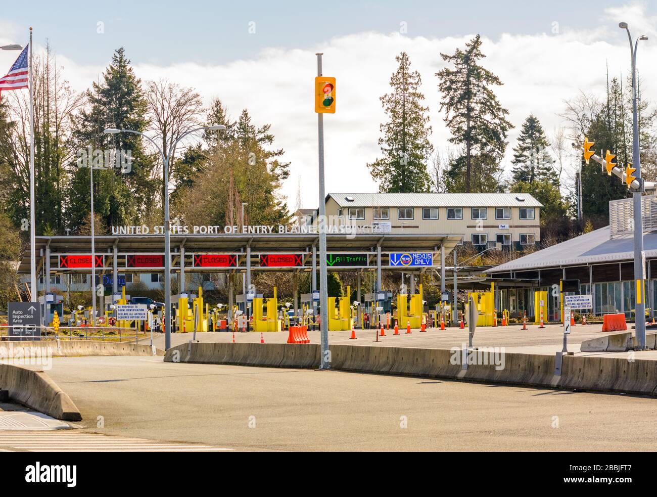 Surrey, Canada Mar 29, 2020 Empty car lanes at Pacific Border