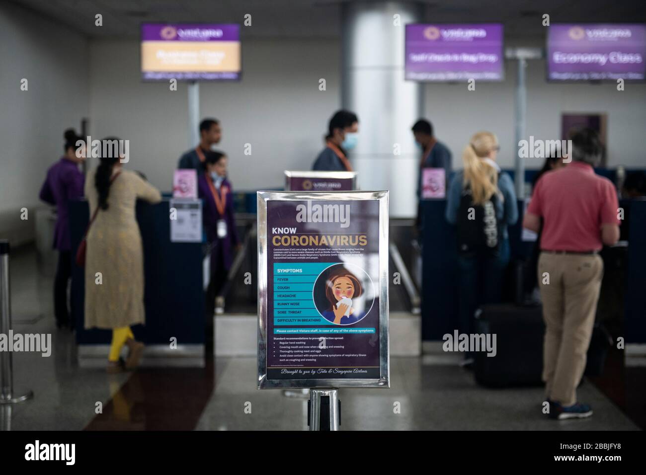 Coronavirus information and warning sign at Khajuraho airport, Madhya Pradesh, India, during the Coronavirus health crisis of 2020. Stock Photo