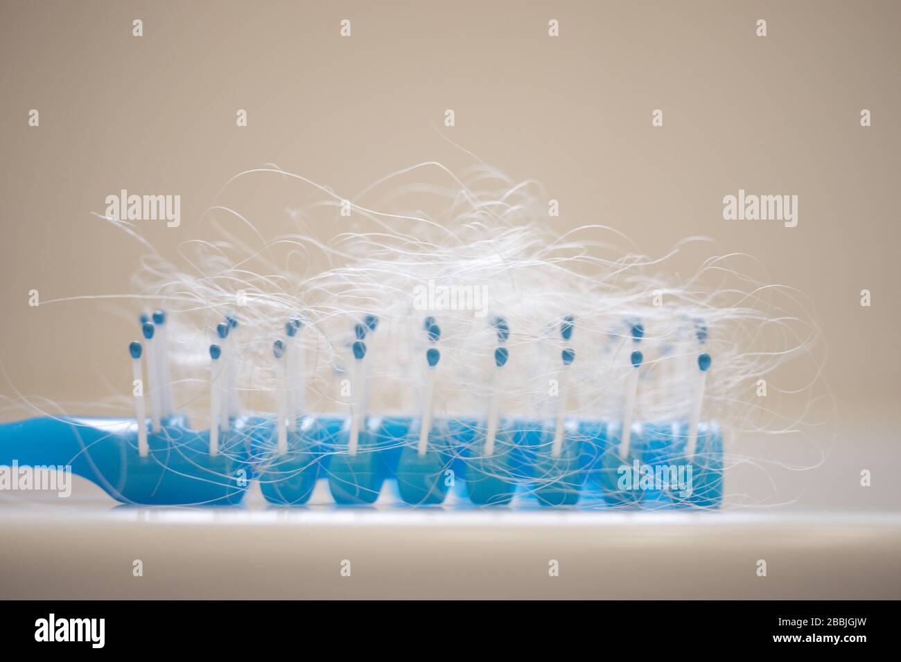 A lot of matted blond hair in a blue comb, side view on a bathroom shelf Stock Photo