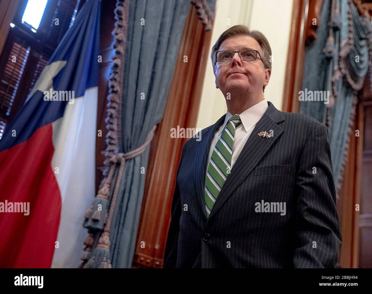 March 31, 2020: Texas Lt. Gov. Dan Patrick exits a press conference at the state Capitol about the state's response to the coronavirus on Tuesday, March 31, 2020, in Austin, Texas. (Credit Image: © Bob Daemmrich/ZUMA Wire) Stock Photo