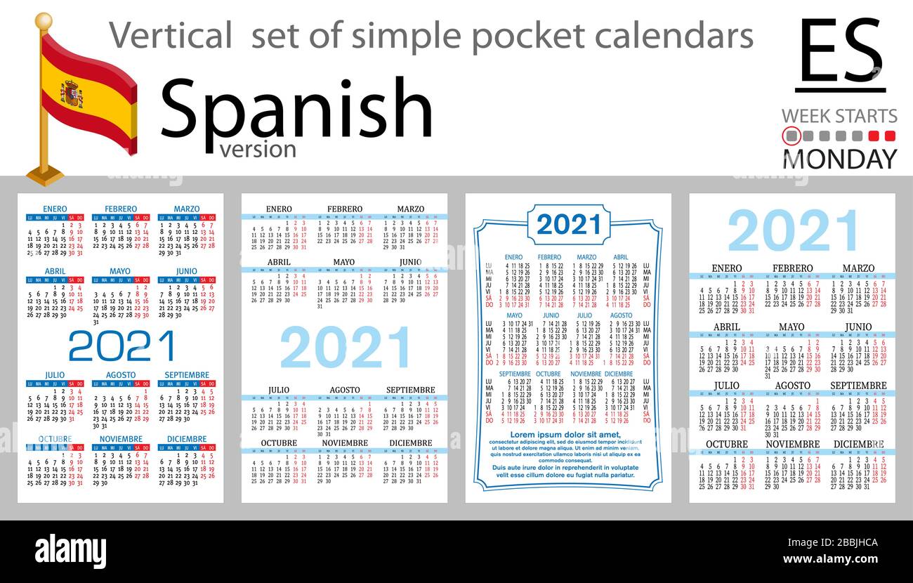 Spanish Vertical Set Of Pocket Calendars For Two Thousand Twenty One Week Starts Monday New Year Color Simple Design Vector Stock Vector Image Art Alamy