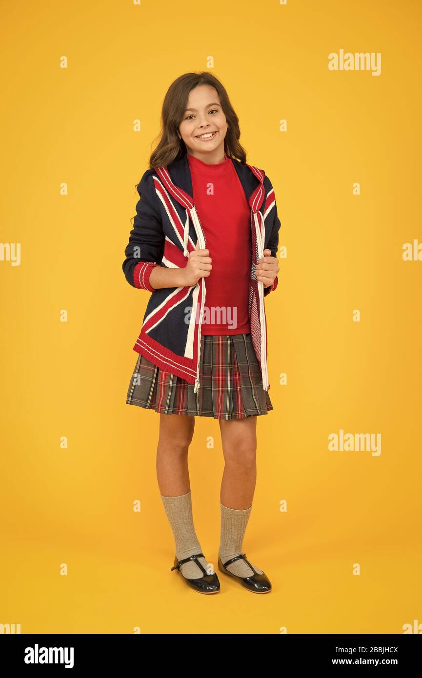 Learn english language. British accent. Great Britain flag. Small girl