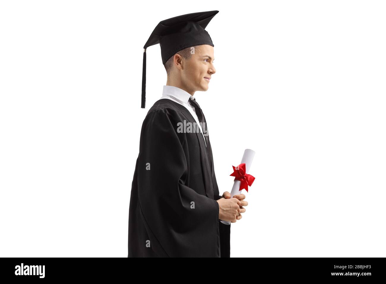 Male graduate clothing holding a diploma isolated on white background ...