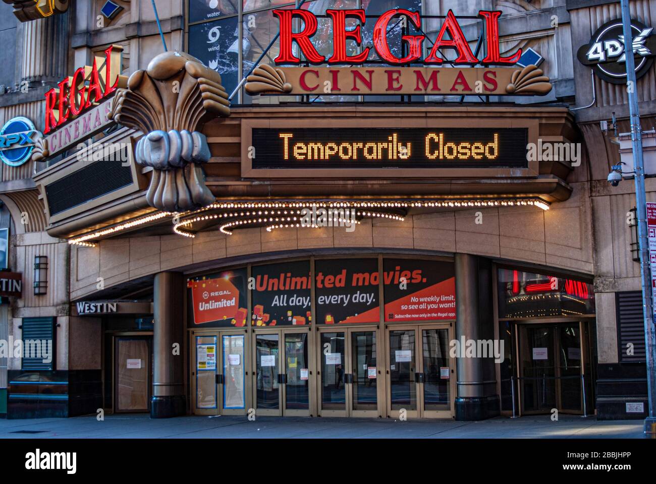 Times Square Movie Theater New York City during the coronavirus pandemic in March of 2020. Stock Photo