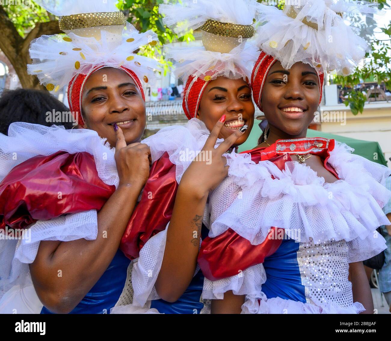 Women in decorative festival outfits, Havana, Cuba Stock Photo