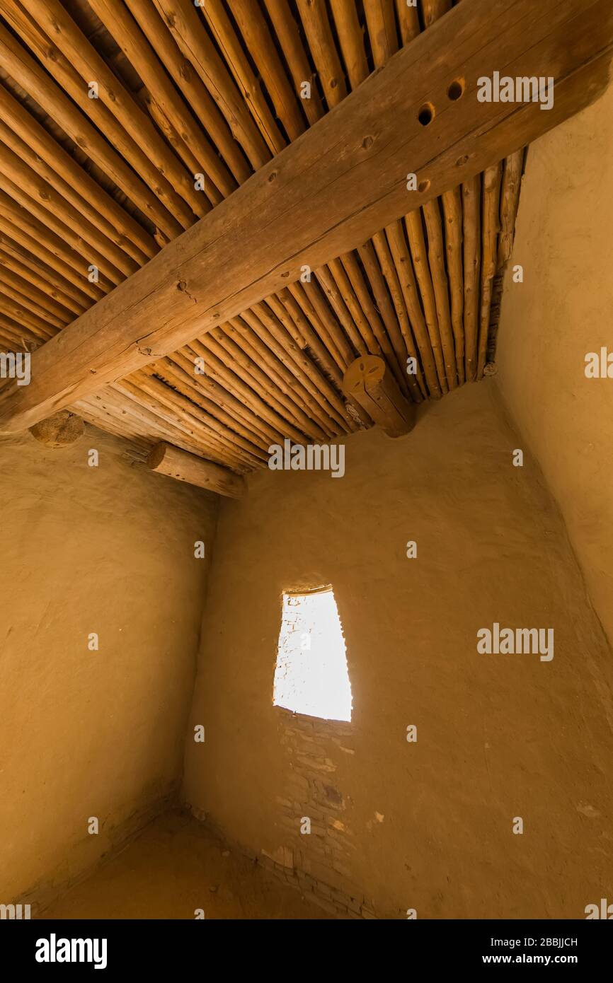 Ceiling details of vigas and latillas in a room within Pueblo Bonito in