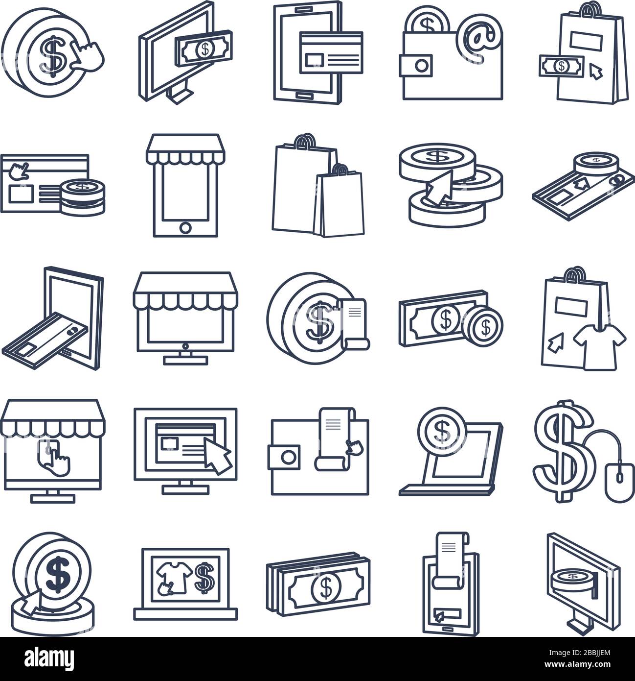 shopping bags and payments online icon set over white background, line ...