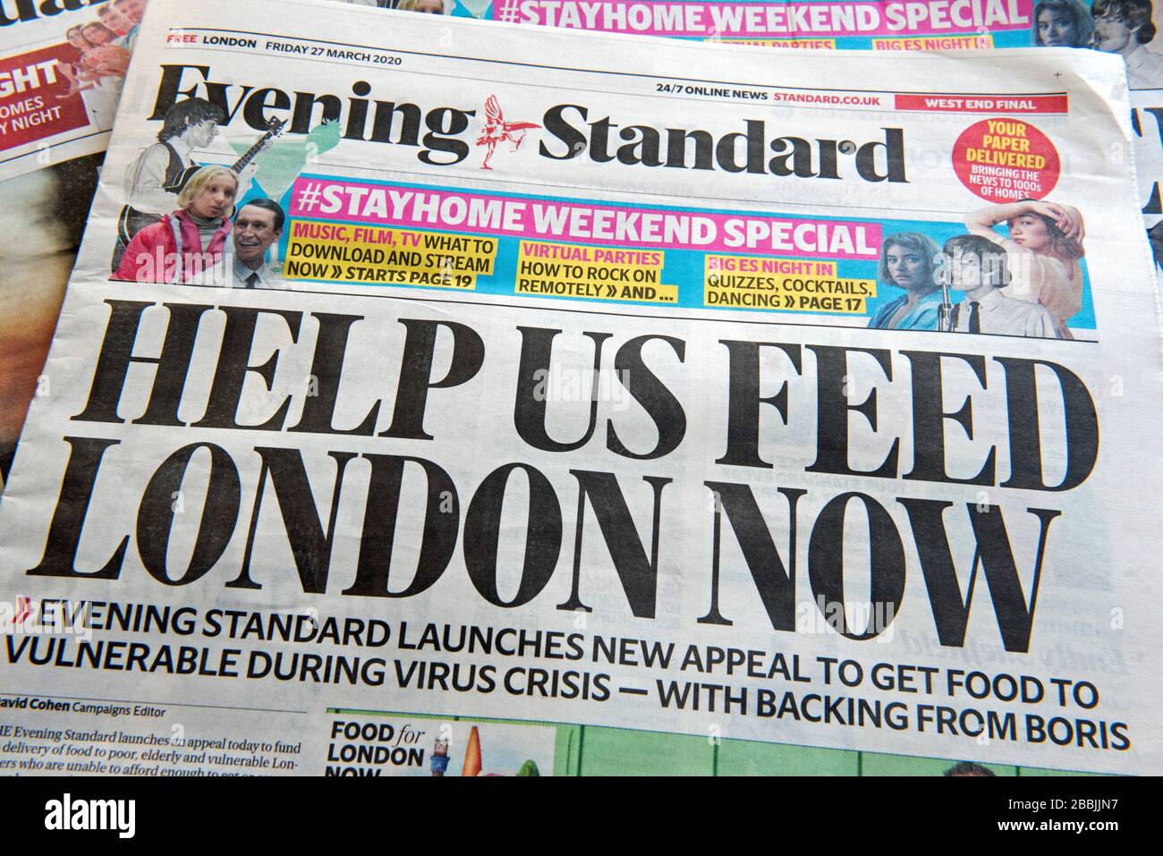 Evening Standard newspaper headline about getting food to vulnerable during Coronavirus crisis. Help us Feed London Now. Editorial use only Stock Photo