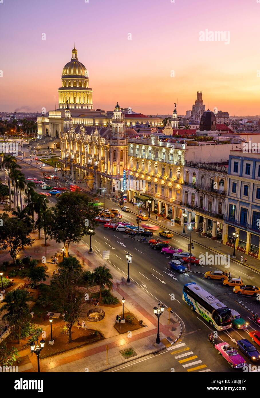 Parque Centrale with  El Capitolio or the National Capitol Building,  Gran Teatro de La Habana, and the Hotel Inglaterra,  Havana, Cuba Stock Photo