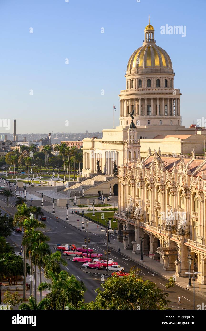 Parque Centrale with  El Capitolio or the National Capitol Building,  Gran Teatro de La Habana, and the Hotel Inglaterra,  Havana, Cuba Stock Photo