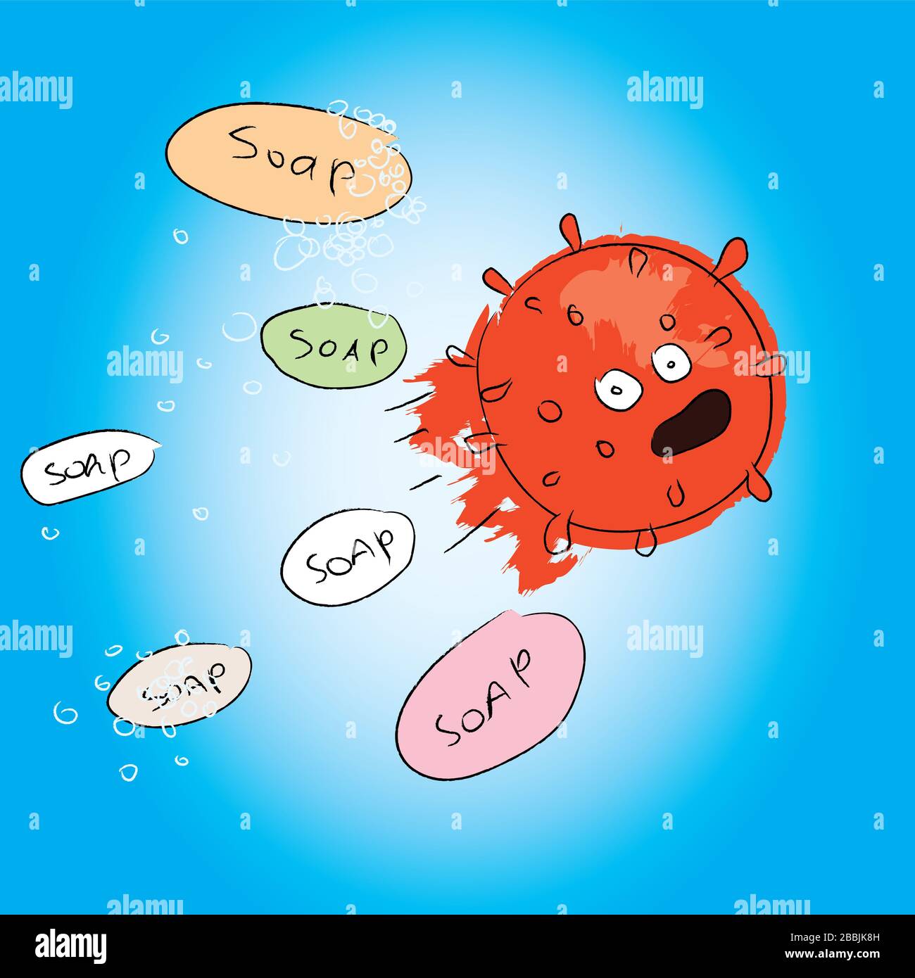 Colorful funny cartoon style illustration of covid-19 coronavirus escapes in panic chased by multiple soaps Stock Photo