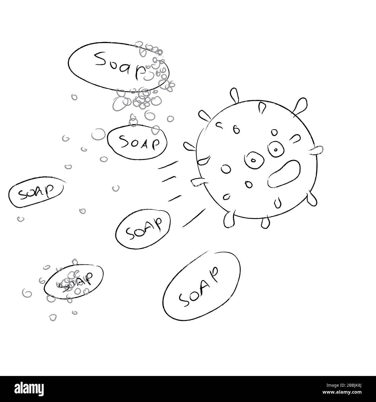 Colorful funny cartoon style illustration of covid-19 coronavirus escapes in panic chased by multiple soaps Stock Photo