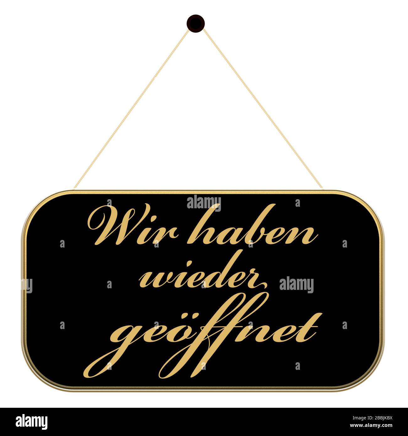 German label / banner - Opening - Sign with the inscription: Wir haben wieder geöffnet (in english: We have opened again). - black - golden Stock Photo