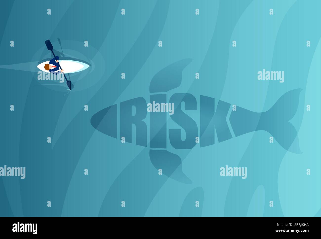 Risk management and difficul times concept. Vector of a man in a small boat floats next to a big shark or whale. Stock Vector