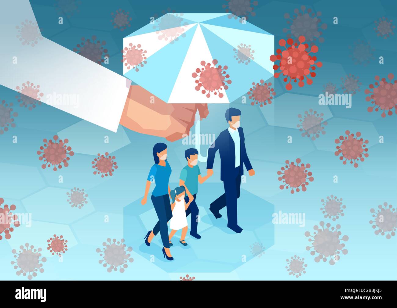 Vector of a doctor hand holding umbrella protecting young family from viral infection Stock Vector