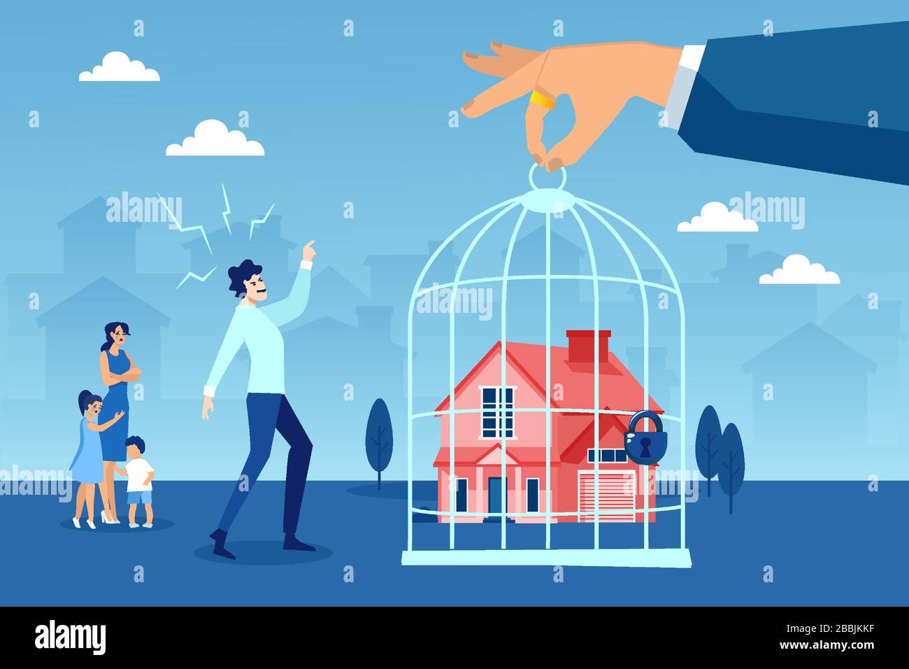 Foreclosure concept. Vector of a stressed young family being evicted from their house Stock Vector
