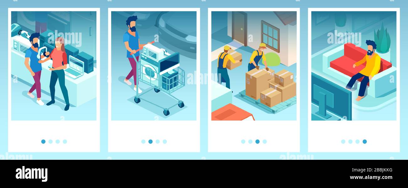 Vector of a man shoppping at consumer electronic products and home appliances being assisted by a salesperson and offered free home delivery Stock Vector