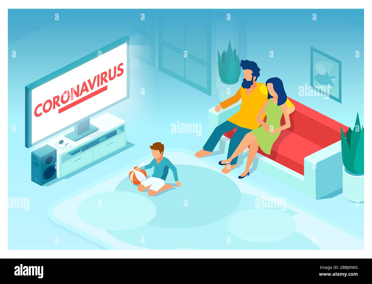 Stay at home campaign concept. Vector of a family staying together inside their house due to coronavirus pandemic Stock Vector