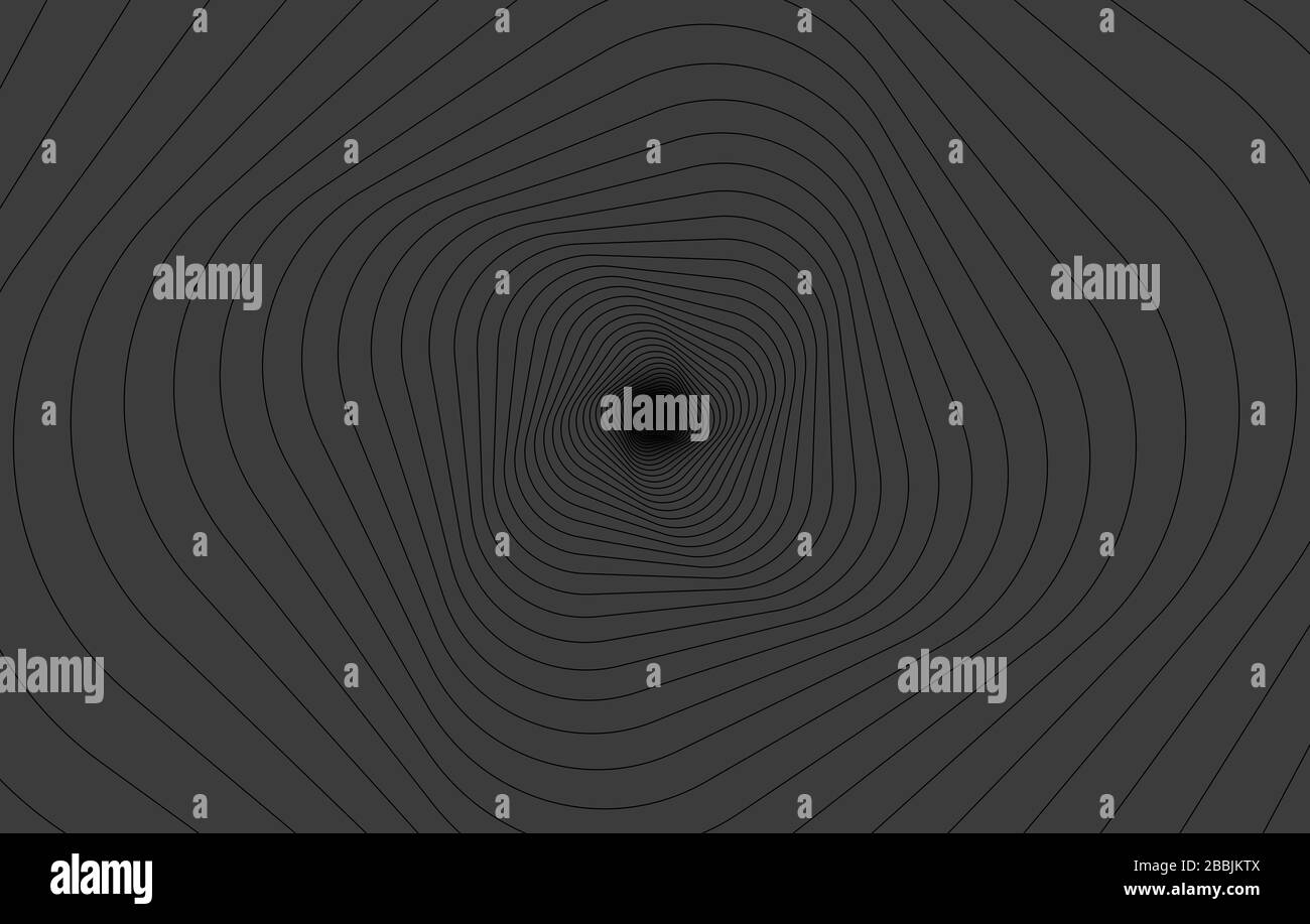 Fluid, circular black lines on gray background. Like a tunnel to a black hole. Stock Photo