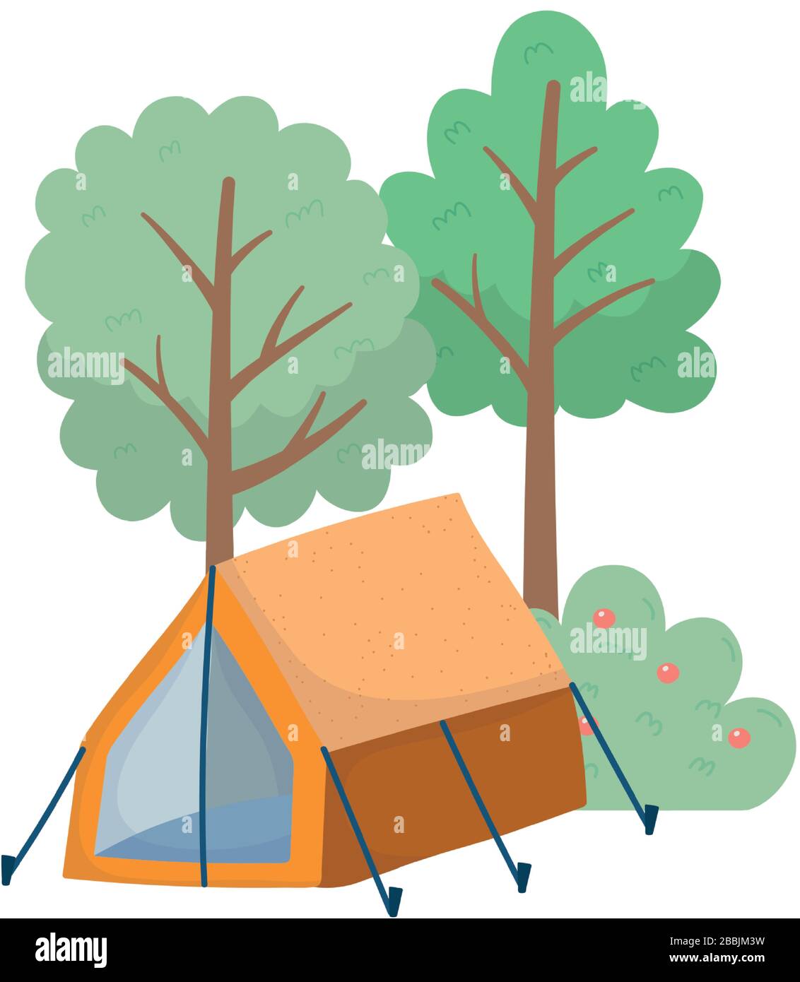 camping tent bush apples fruit foliage trees nature cartoon vector