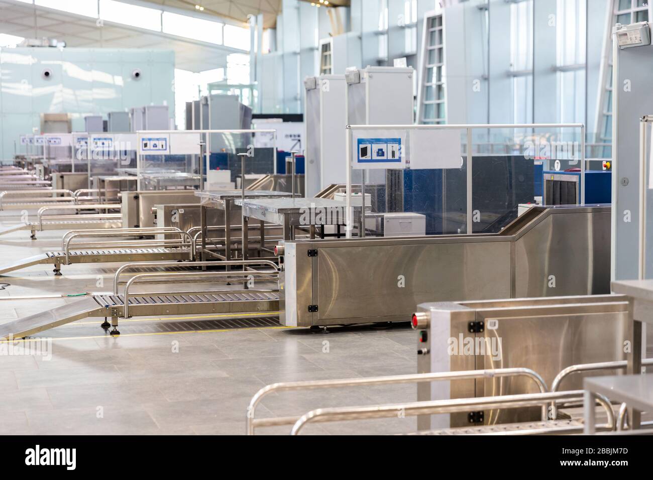 St. Petersburg, Russia – March 27, 2020.Baggage x-ray scanner, conveyor at empty airport without passengers during coronavirus pandemic.Pre-flight lug Stock Photo