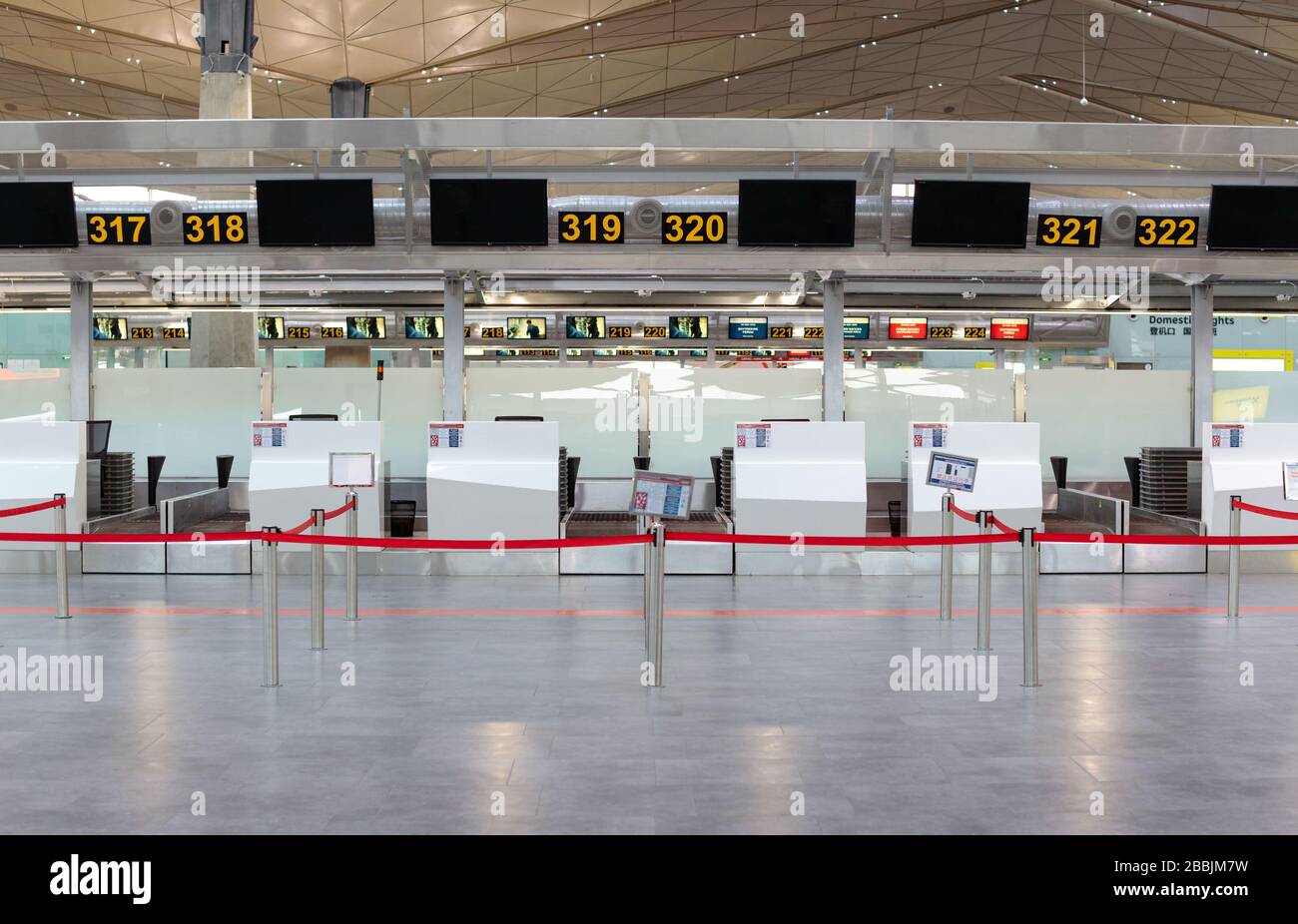 St. Petersburg, Russia – March 27, 2020. Empty check-in counters at Pulkovo airport terminal due to coronavirus pandemic/Covid-19 outbreak travel rest Stock Photo