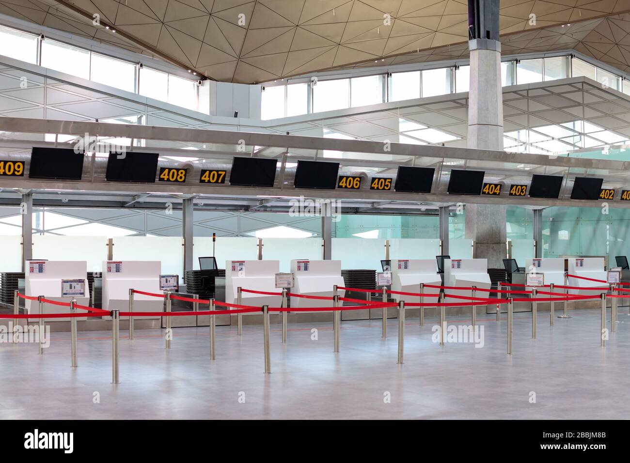 St. Petersburg, Russia – March 27, 2020. Empty check-in counters at Pulkovo airport terminal due to coronavirus pandemic/Covid-19 outbreak Stock Photo