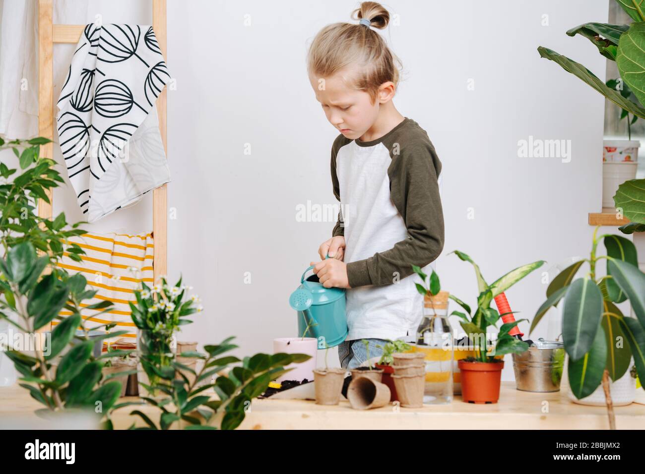 Little boy with sad face watering plants with the can as part of his ...