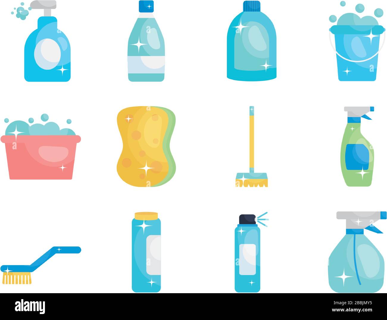disinfection bottles and cleaning elements icon set over white ...