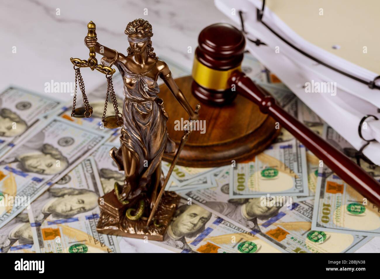 Judge gavel, lawyer office law and justice with a dollar sign corruption venality concepts Stock Photo