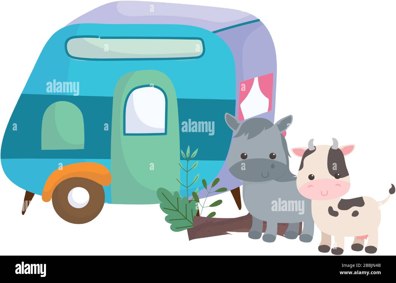 camping trailer and cute horse cow cartoon animals vector illustration