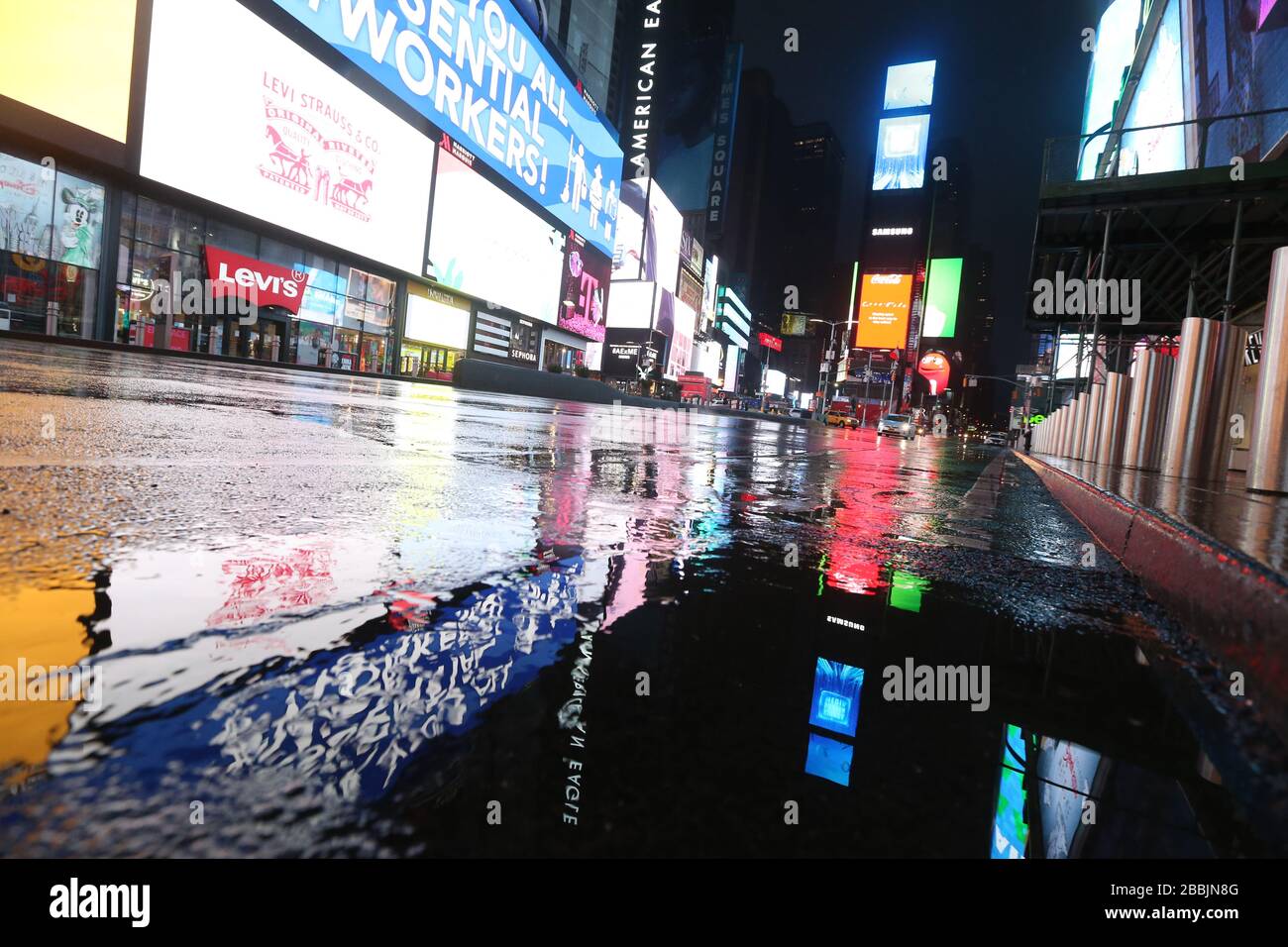 March 28, 2020, New York, NY, United States: An empty Times Square on a rainy night during the COVID-19 or novel coronavirus crisis. (Credit Image: © Dan HerrickZUMA Wire) Stock Photo