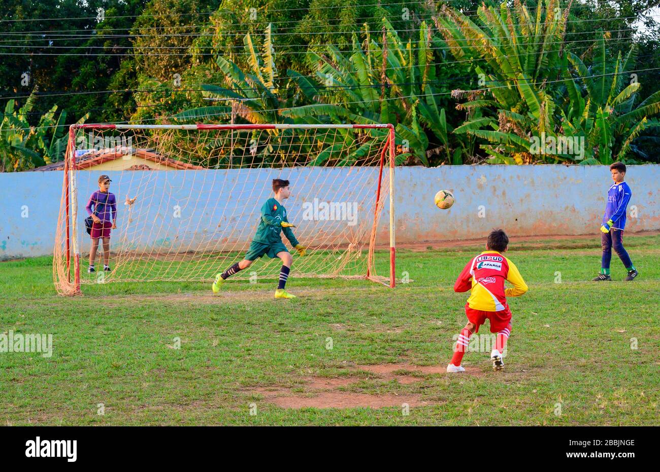 Boys playing soccer, Vinales, Pinar del Rio Province, Cuba Stock Photo