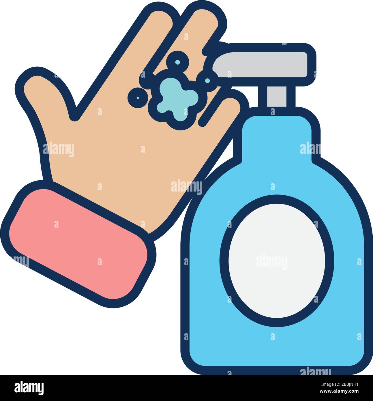 hand and antibacterial gel bottle icon over white background, line fill ...