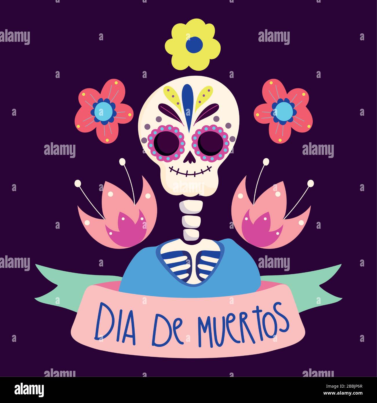 day of the dead, skeleton flowers culture traditional mexican celebration vector illustration
