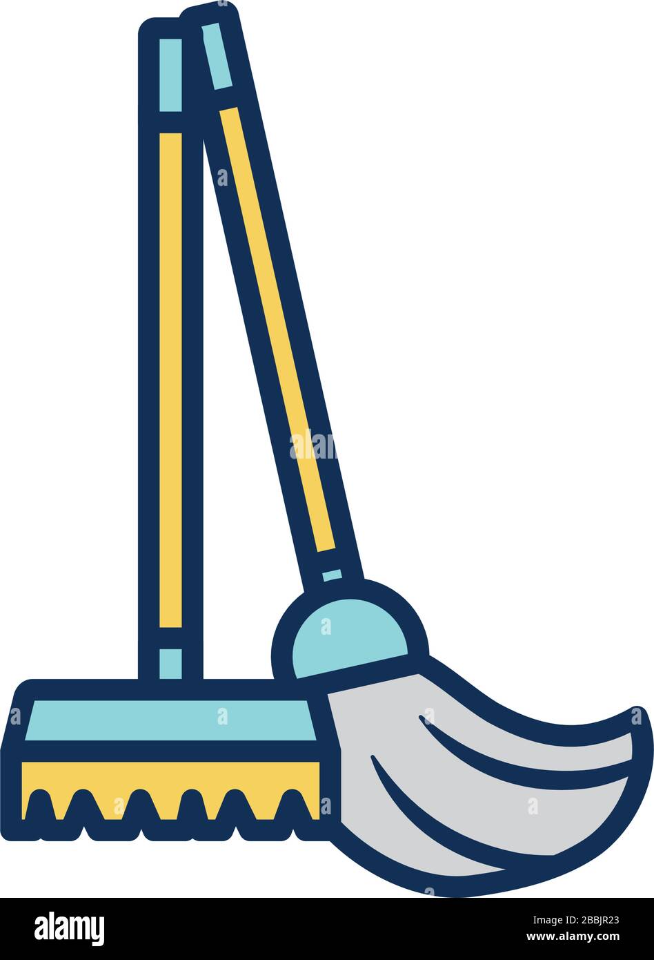 broom and mop icon over white background, line fill style, disinfection
