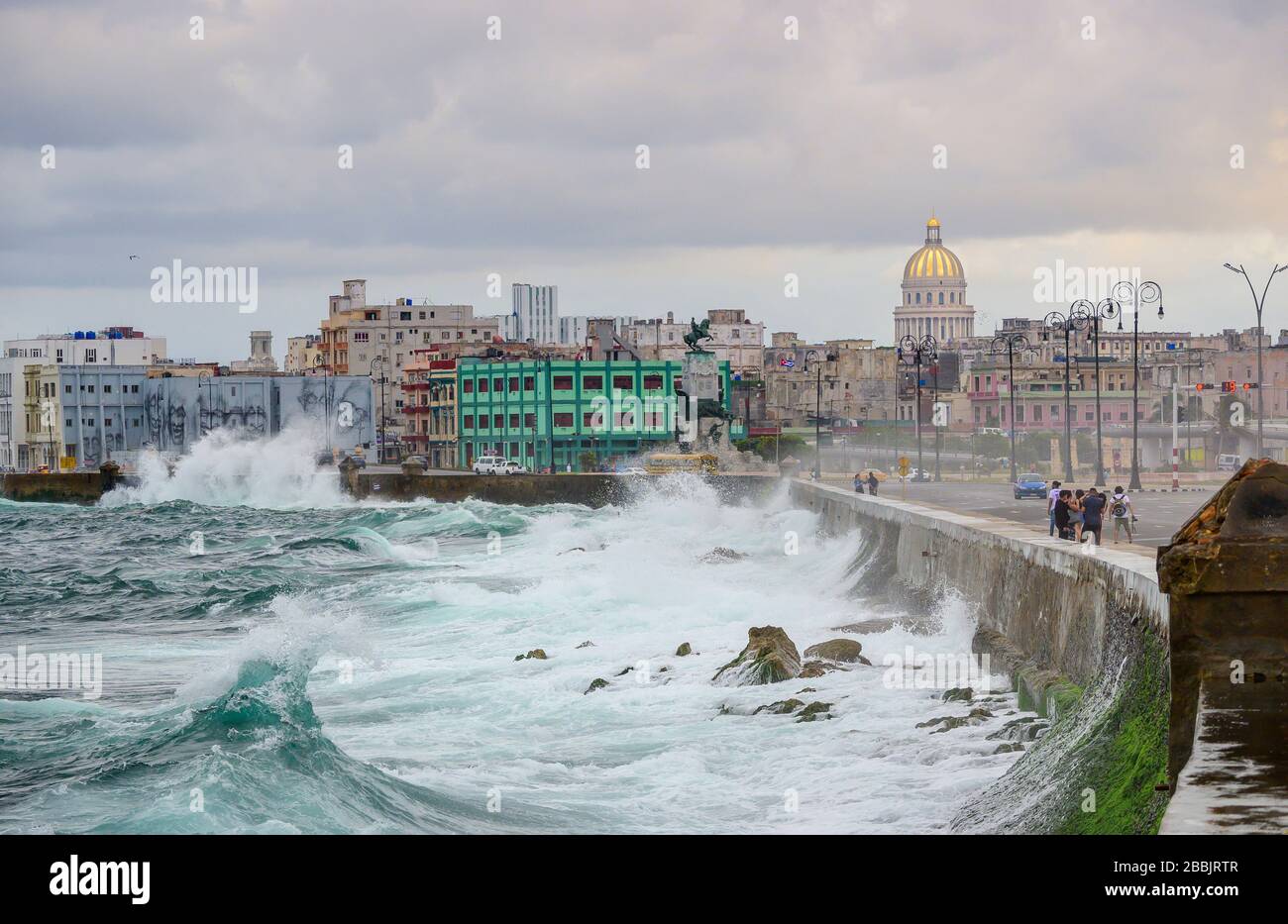 Stormy day blows waves over the Malecon, Centro, Havana, Cuba Stock Photo