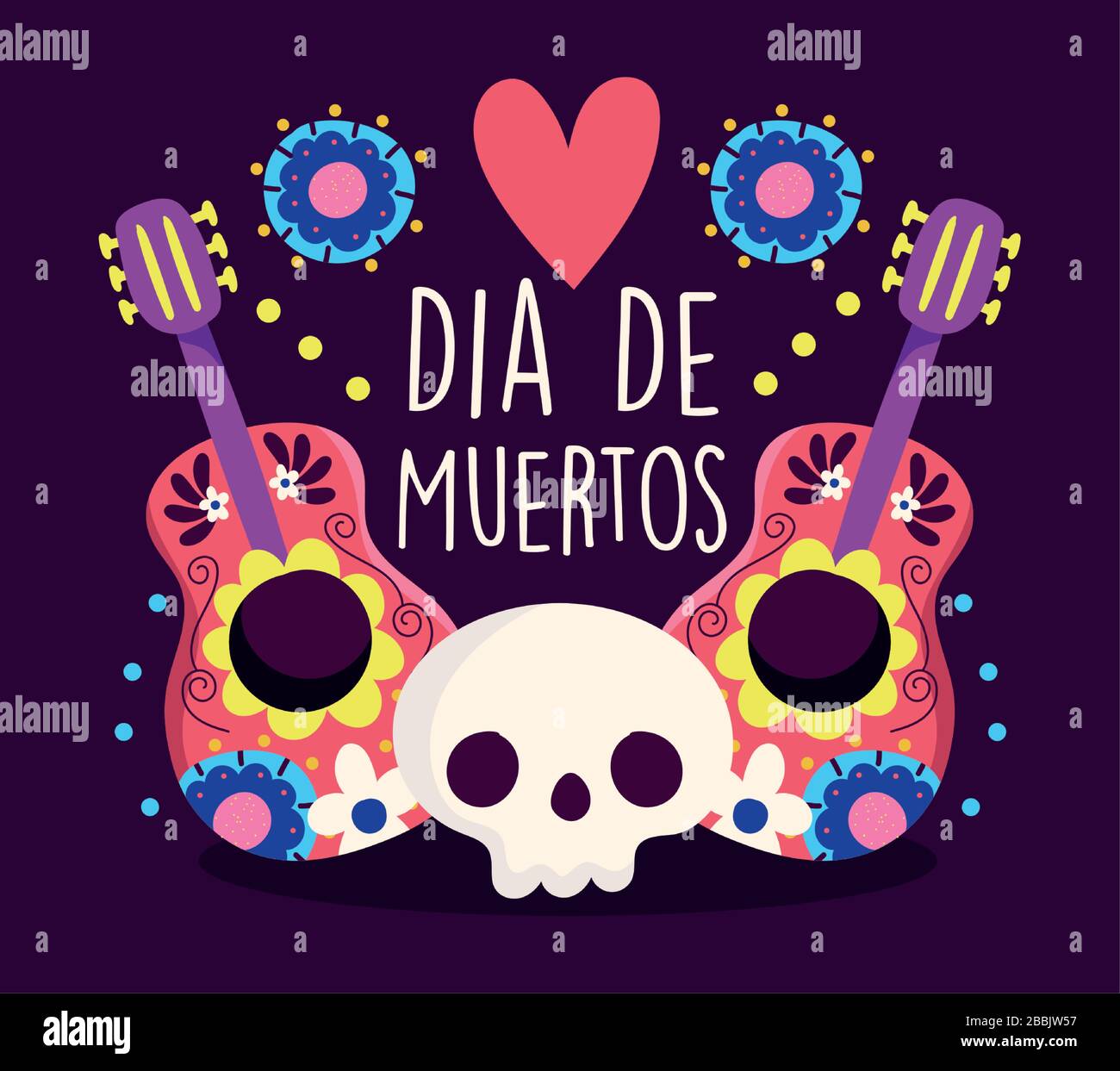 day of the dead, skull and guitars music heart flower decoration