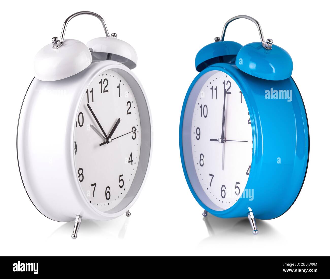 The white and blue Alarm clock isolated on white background Stock Photo ...