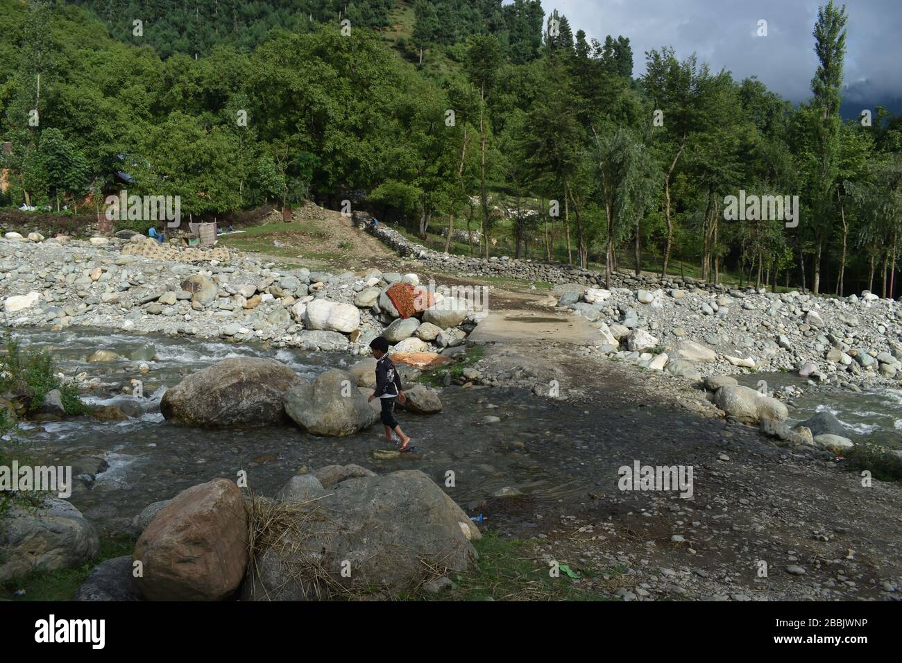A view of a flowing water stream at Pahalgam Kashmir India. Stock Photo