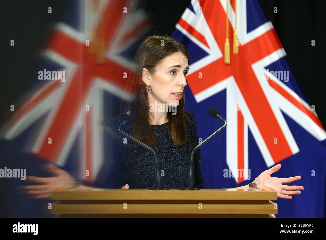 (200401) -- BEIJING, April 1, 2020 (Xinhua) -- New Zealand's Prime Minister Jacinda Ardern speaks during a press conference in Wellington, New Zealand, on March 31, 2020. (Hagen Hopkins/Getty/Pool via Xinhua) Stock Photo