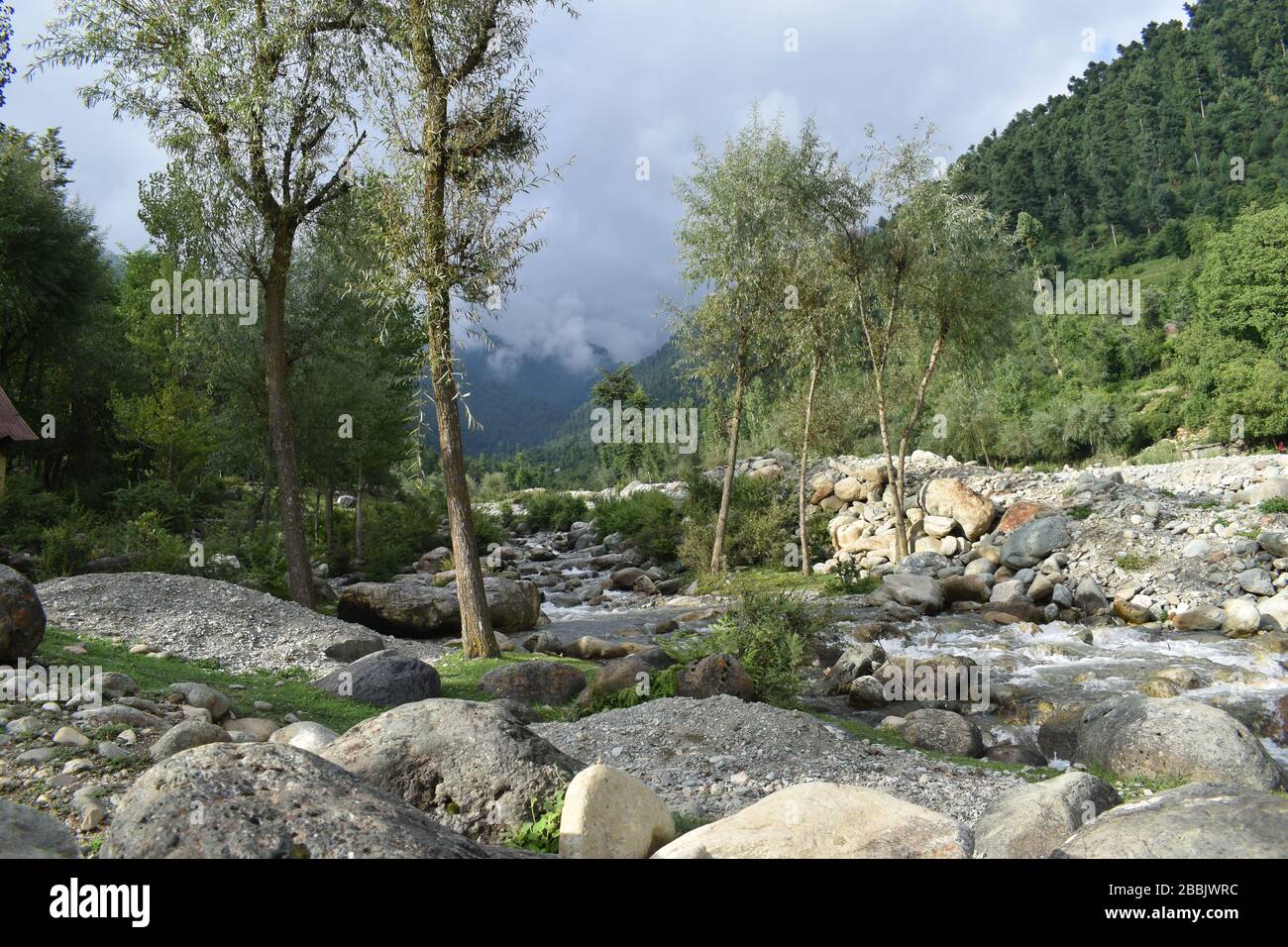 A view of a flowing water stream at Pahalgam Kashmir India. Stock Photo