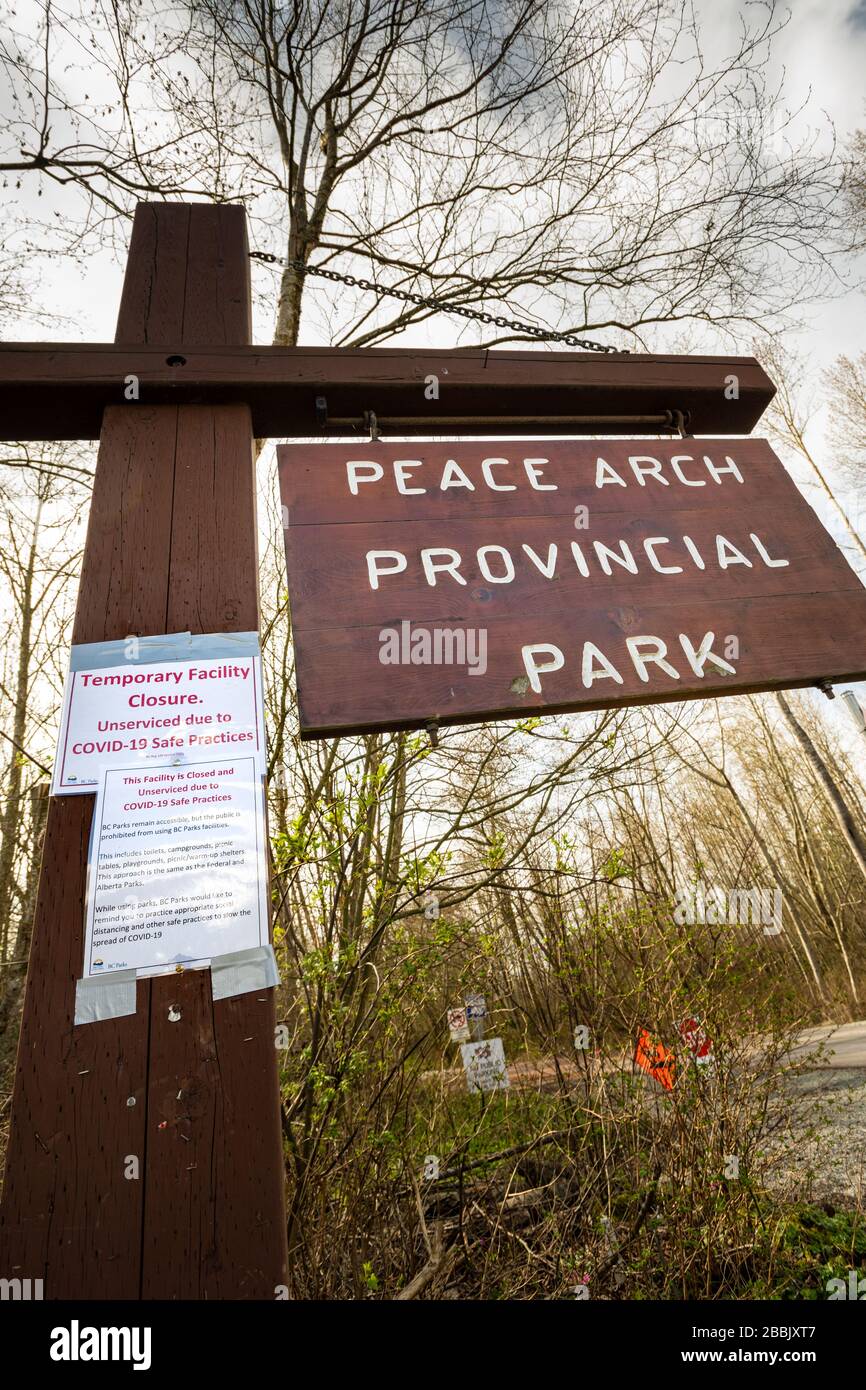 Surrey, Canada Mar 29, 2020 Notification on Peach Arch Park signpost