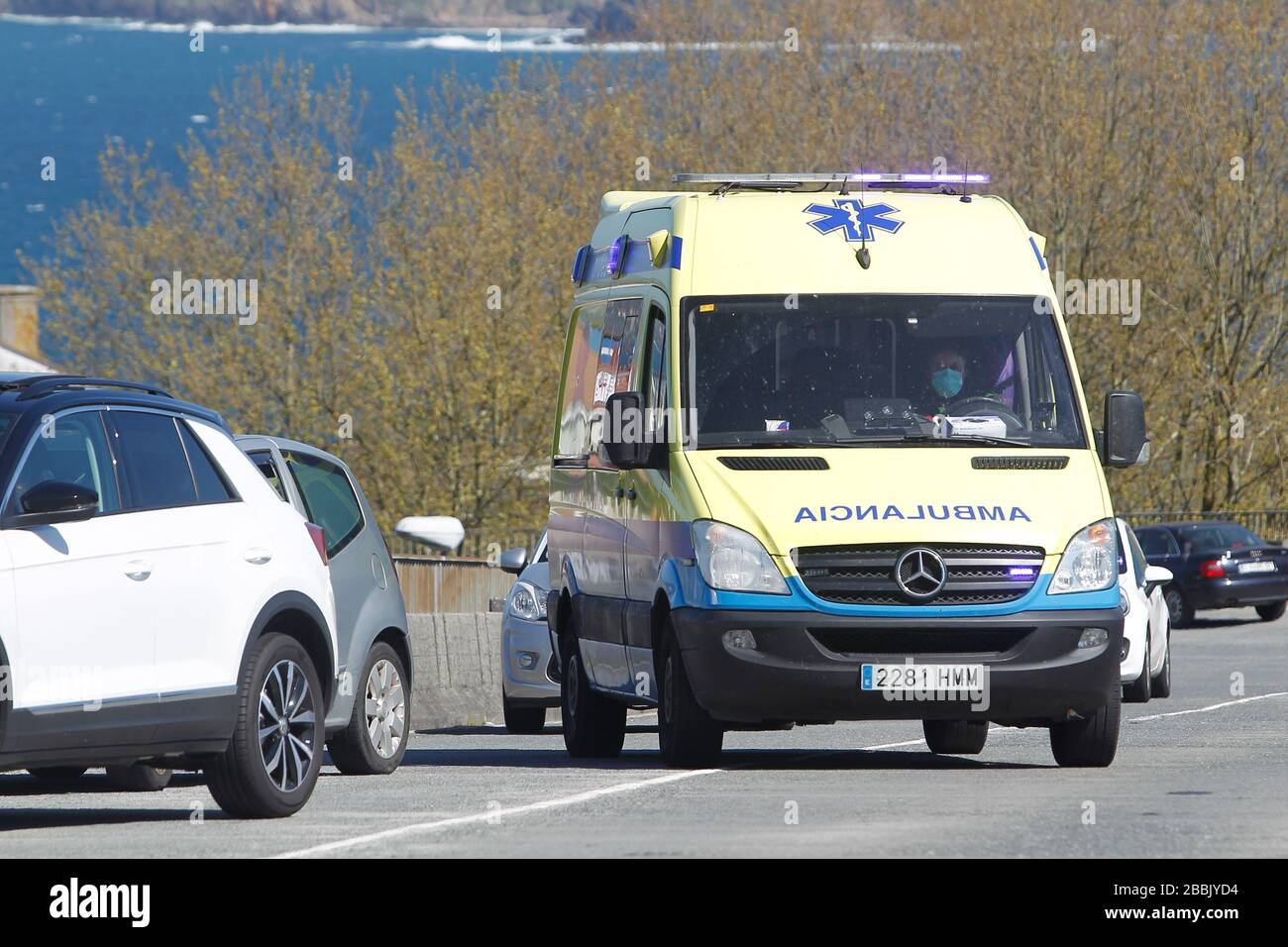 A Coruña-Spain.Spain ambulance car, 061 emergency medical service in mission . Coronavirus worldwide outbreak crisis on March 26,2020 Stock Photo