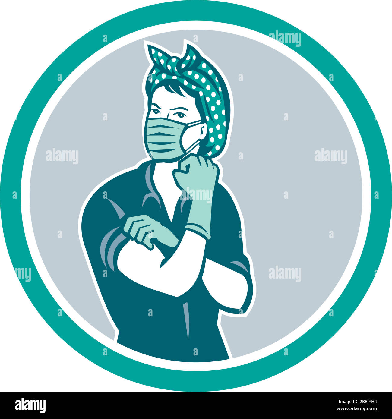 Mascot icon illustration of American Rosie the riveter as medical healthcare essential worker wearing a surgical mask and gloves saying we can do it s Stock Vector